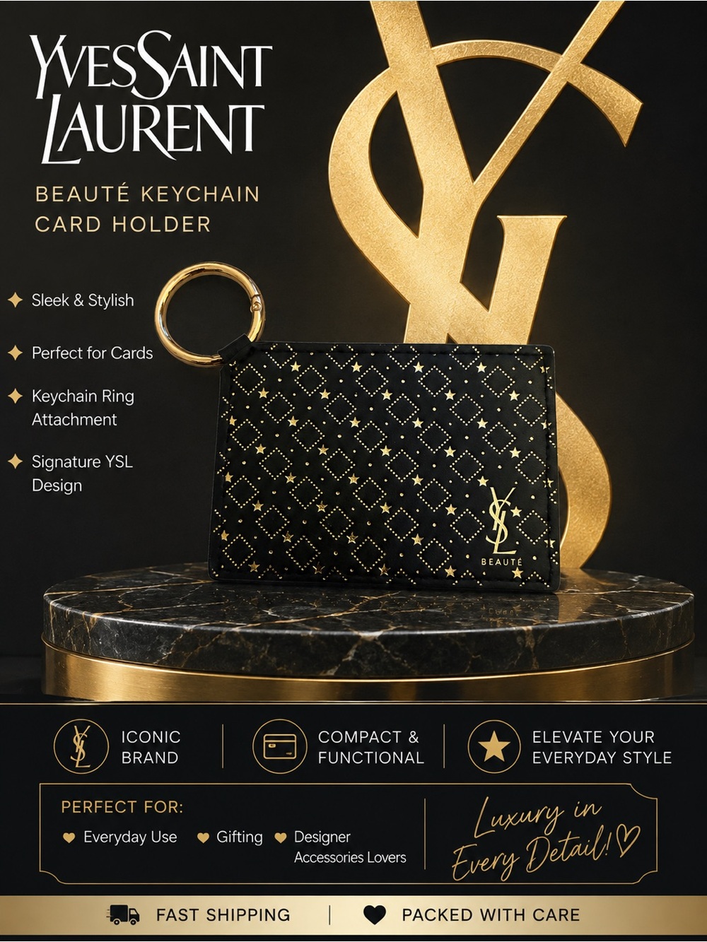 Yves Saint Laurent Black and Gold Quilted Logo Card Holder with Keyring